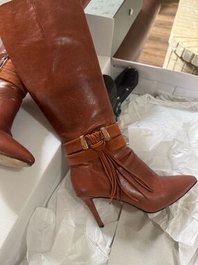 Nine West Cognac Leather Tassel Knee-High Stiletto Boots